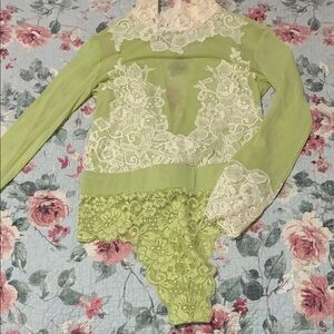 Elegant Lace Bodysuit in Green and White